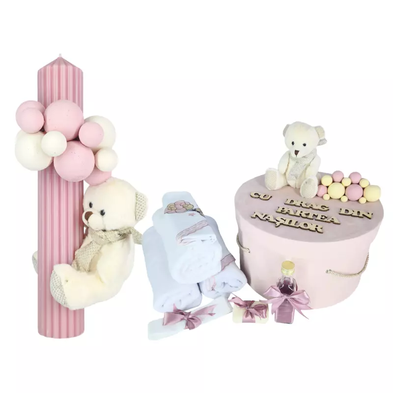 Set Trusou Botez si Lumanare, 9 Piese, cu Ursulet, Roz Pudra din Catifea - TB256