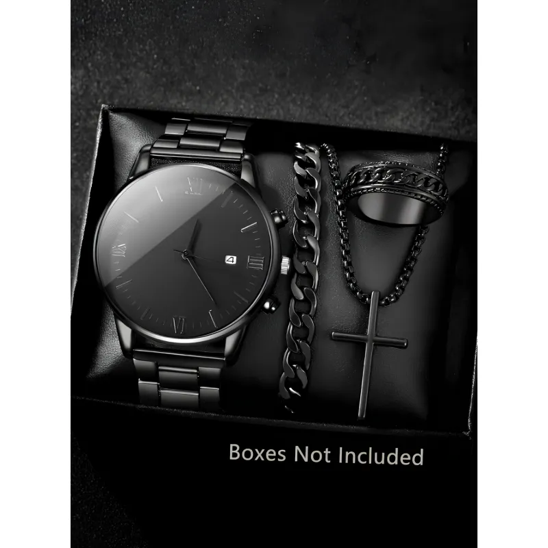 Set pentru Barbati, Ceas Digital, Colier, Bratara si Inel, Negru - 645446