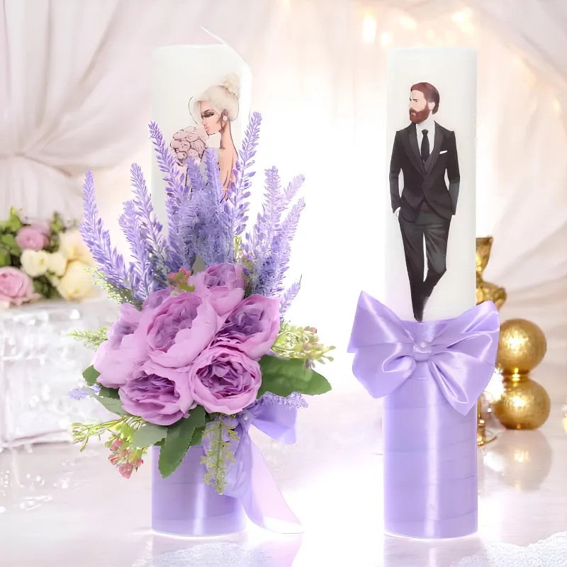 Set 2 Lumanari pentru Nunta cu flori artificiale LILA - LN03