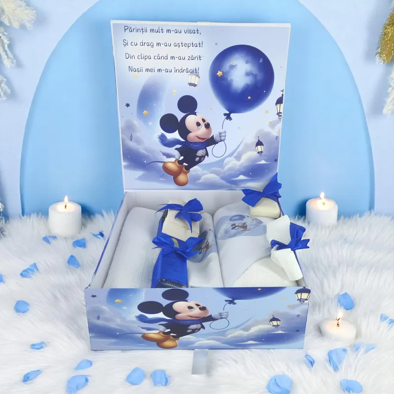 Trusou Botez cu 8 Piese, Mikey Mouse cu Balon, Culoare Albastru Regal - TB275