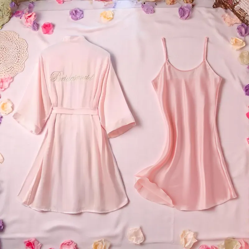 Compleu Bridesmaid 2 Piese Dama, Halat si Cămașă de Noapte din Satin, Culoare Roz - MEI07