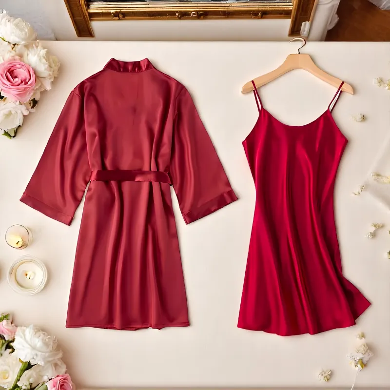 Compleu 2 Piese Dama, Halat si Cămașă de Noapte din Satin, Culoare Bordo - MEI36