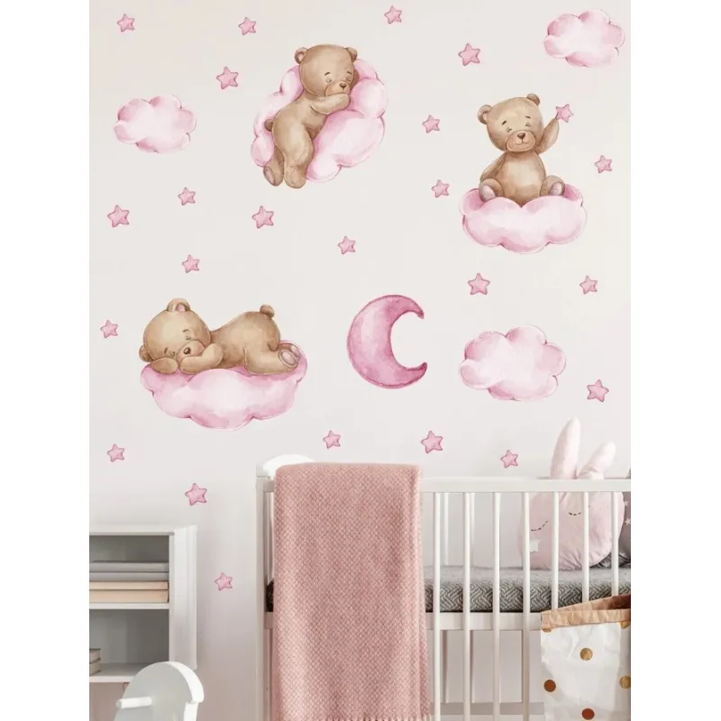 Sticker Perete Autocolant Ursulet pe Nori Roz - 63x80cm - 784754
