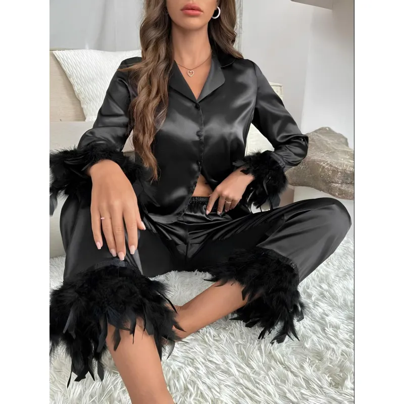 Set Pijama de Dama 2 Piese din Satin cu Puf, Culoare Negru - ANI133