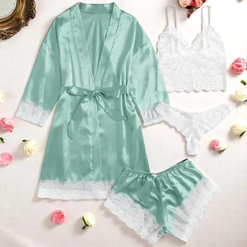 Set Pijama de Dama 4 Piese din Satin, Culoare Turcoaz - ANI115