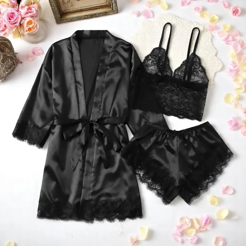 Set Pijama de Dama 3 Piese din Satin, Culoare Negru - ANI104