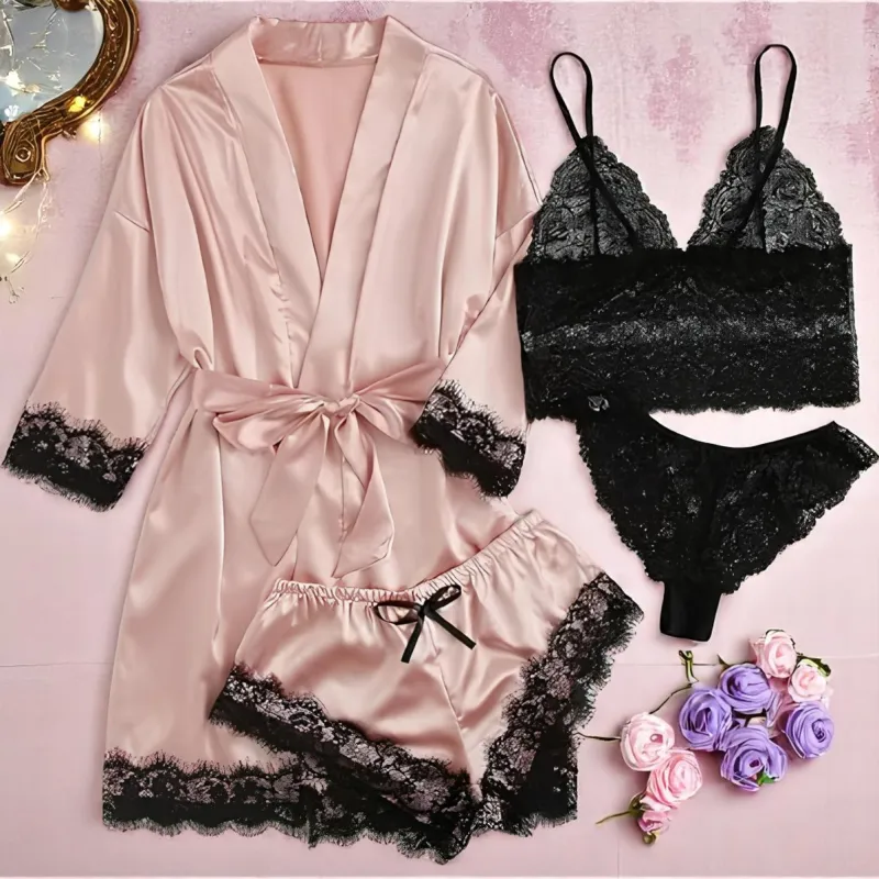 Set Pijama de Dama 4 Piese din Satin, Culoare Roz cu Negru - ANI117