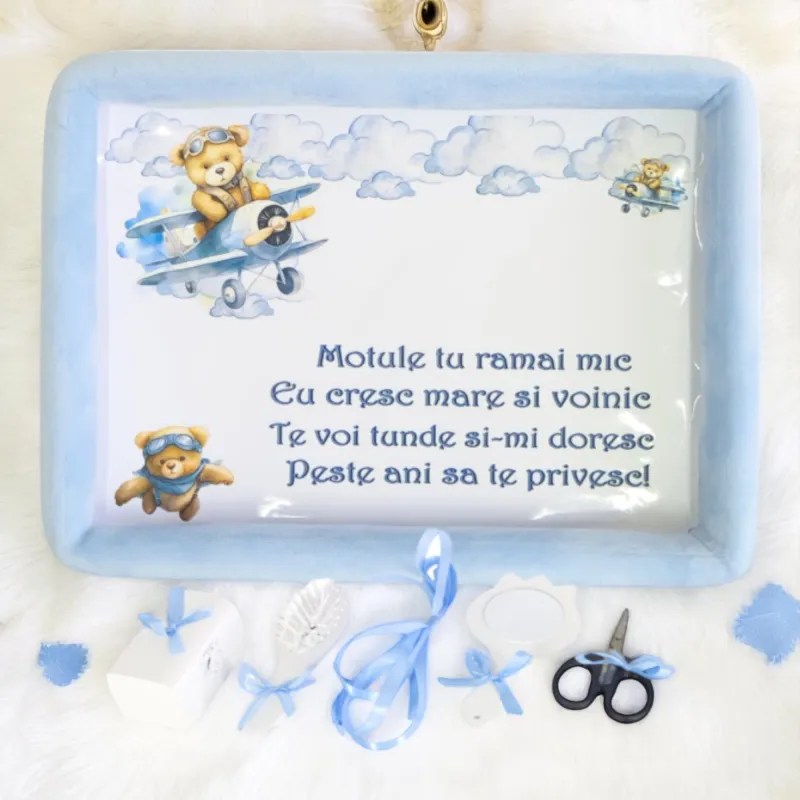 Tavita Turta, Buretata din Catifea cu 6 Piese - Ursulet Aviator Bleu - TPT80