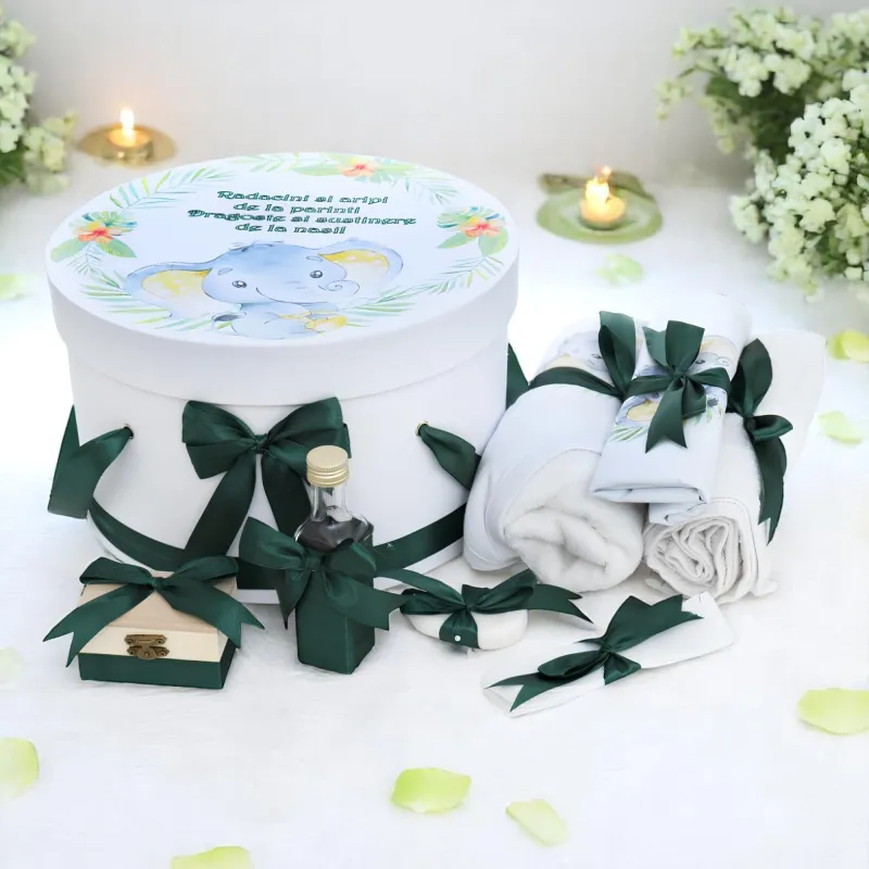 Trusou Botez cu 8 Piese Imprimat, Elefant, Culoare Verde - TB223