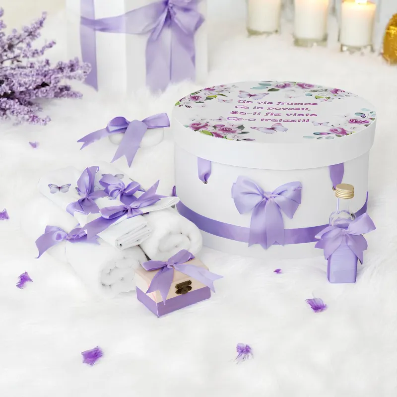 Trusou Botez cu 8 Piese Imprimat, Poezie, Culoare Violet - TB210