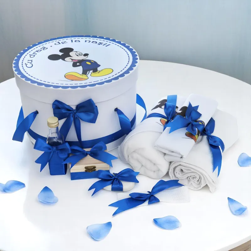 Trusou Botez cu 8 Piese Imprimat, Mickey Mouse, Culoare Albastru - TB225