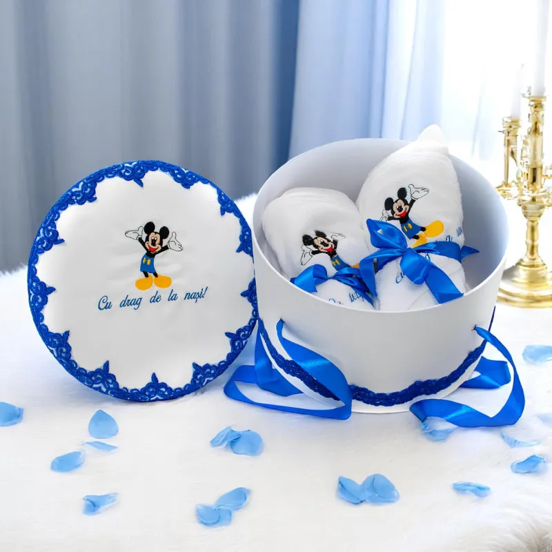 Trusou Botez cu 8 Piese Brodat, Mikey Mouse, Culoare Albastru Regal - TB30