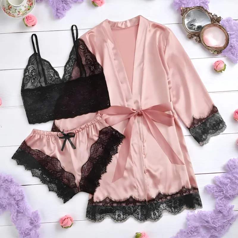 Set Pijama de Dama 3 Piese din Satin, Culoare Roz Pudra - ANI105