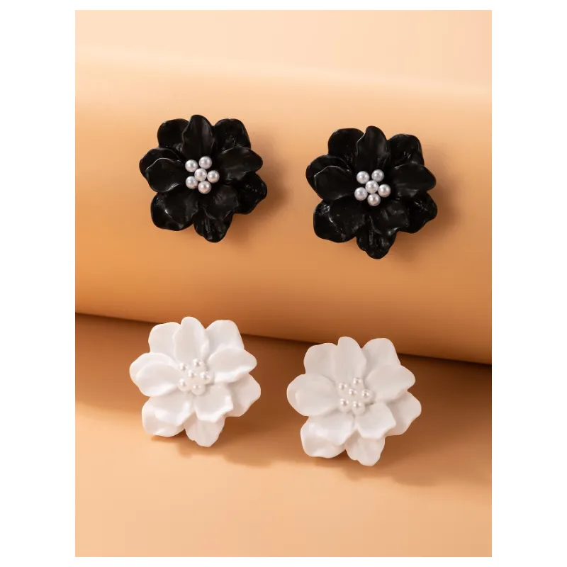 Set 2 Perechi de Cercei Floare Alb si Negru - 258161