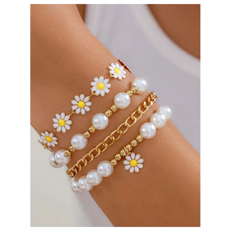 Set Elora, 4 Brățări cu Floricele și Perle, Auriu - 040029