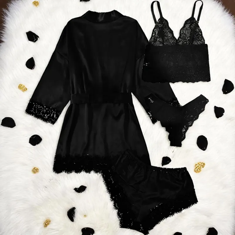 Set Pijama de Dama 4 Piese din Satin - ANI121