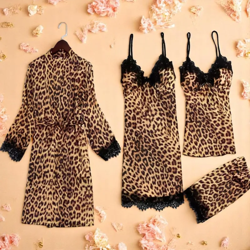 Set Pijama de Dama 4 Piese din Satin, Culoare Animal Print - ANI110