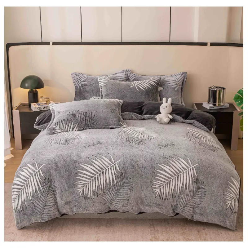 Lenjerie Cocolino 4 Piese Pentru Pat Dublu cu Elastic- JOJ808 Frunze Gri