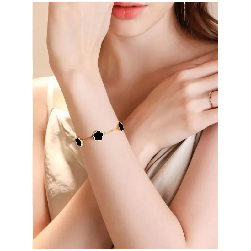 Bratara Eleganta Aurie cu Flori Negre, Otel Inoxidabil - 398240