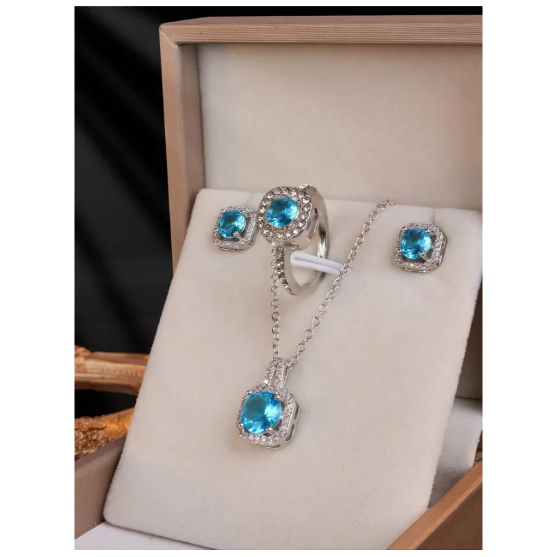 Set Moon, Colier, Cercei si Inel, Albastru si Argintiu - 274606