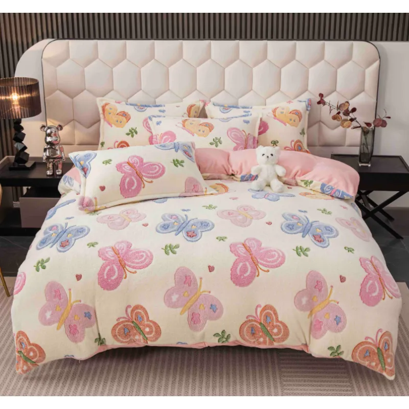 Lenjerie Cocolino 4 Piese Pentru Pat Dublu cu Elastic- JOJ811 Fluturi Roz