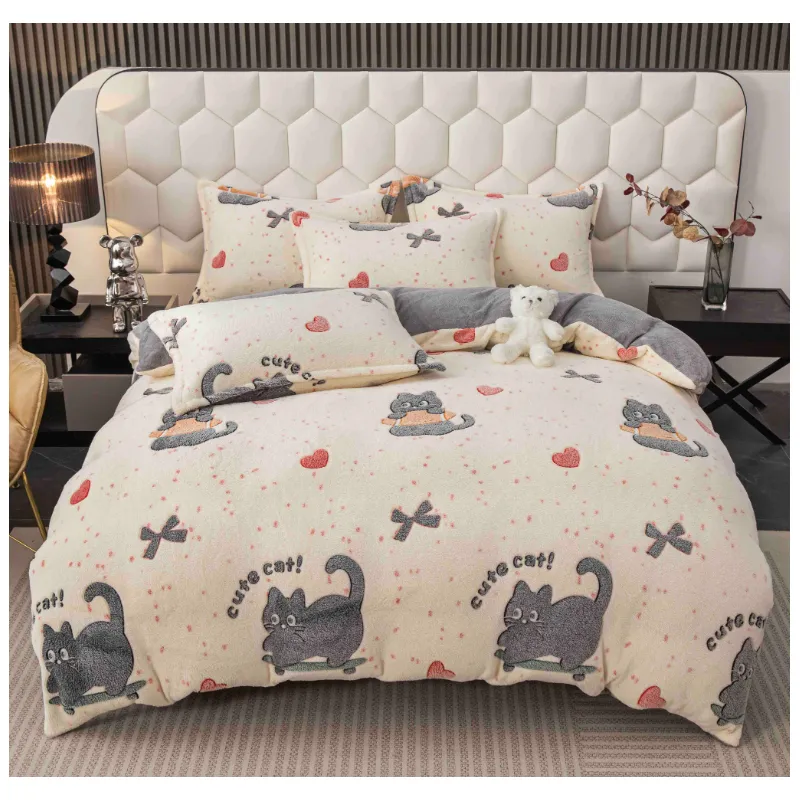 Lenjerie Cocolino 4 Piese Pentru Pat Dublu cu Elastic- JOJ814 Pisica Crem