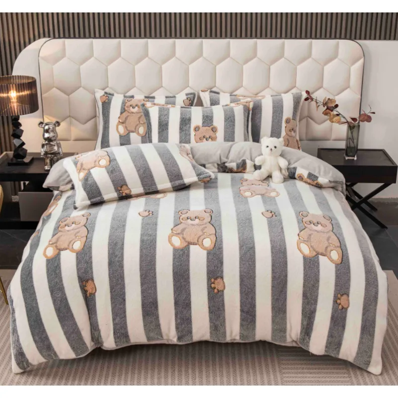 Lenjerie Cocolino 4 Piese Pentru Pat Dublu cu Elastic- JOJ813 Urs Gri