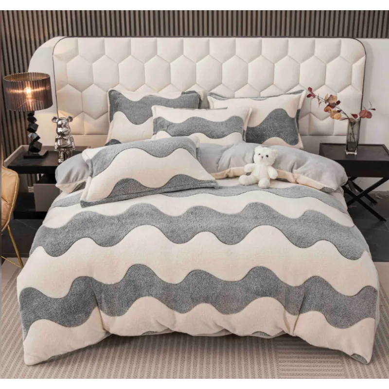 Lenjerie Cocolino 4 Piese Pentru Pat Dublu cu Elastic- JOJ812 Valuri Gri