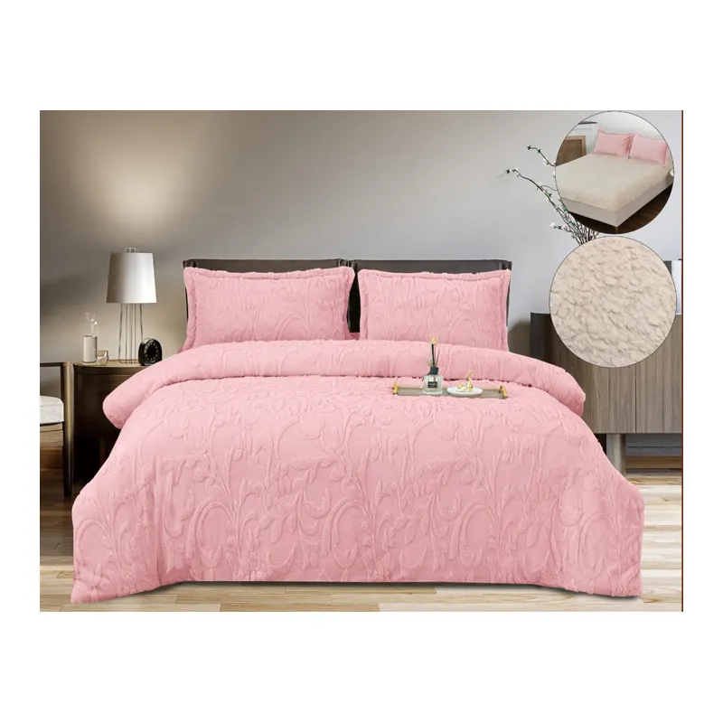 Lenjerie Cocolino 4 Piese, Blana Imitatie iepure, Pentru Pat Dublu, cu Elastic, Roz- PIT400