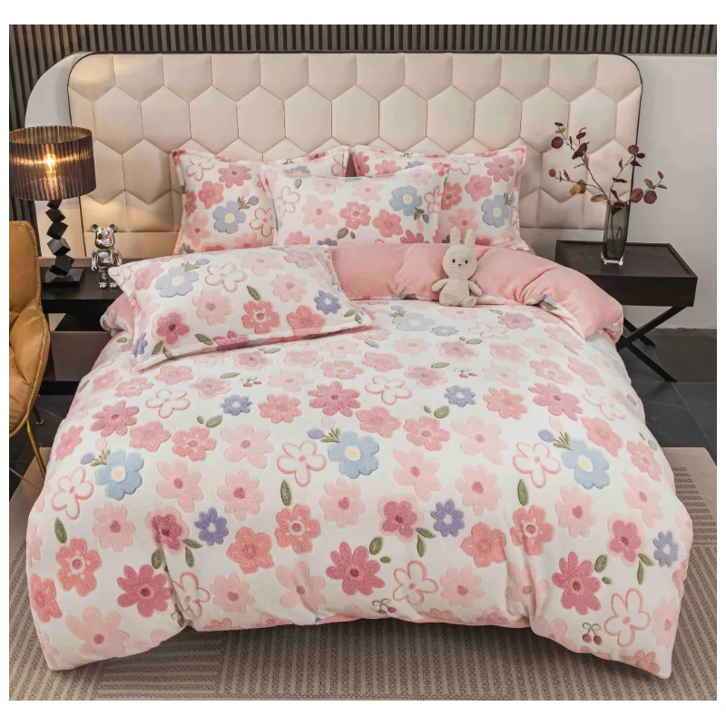 Lenjerie Cocolino 4 Piese Pentru Pat Dublu cu Elastic- JOJ818 Flori Roz