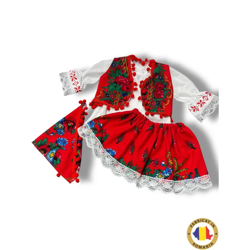 Costum Traditionat fetite - Rosu cu ciucuri