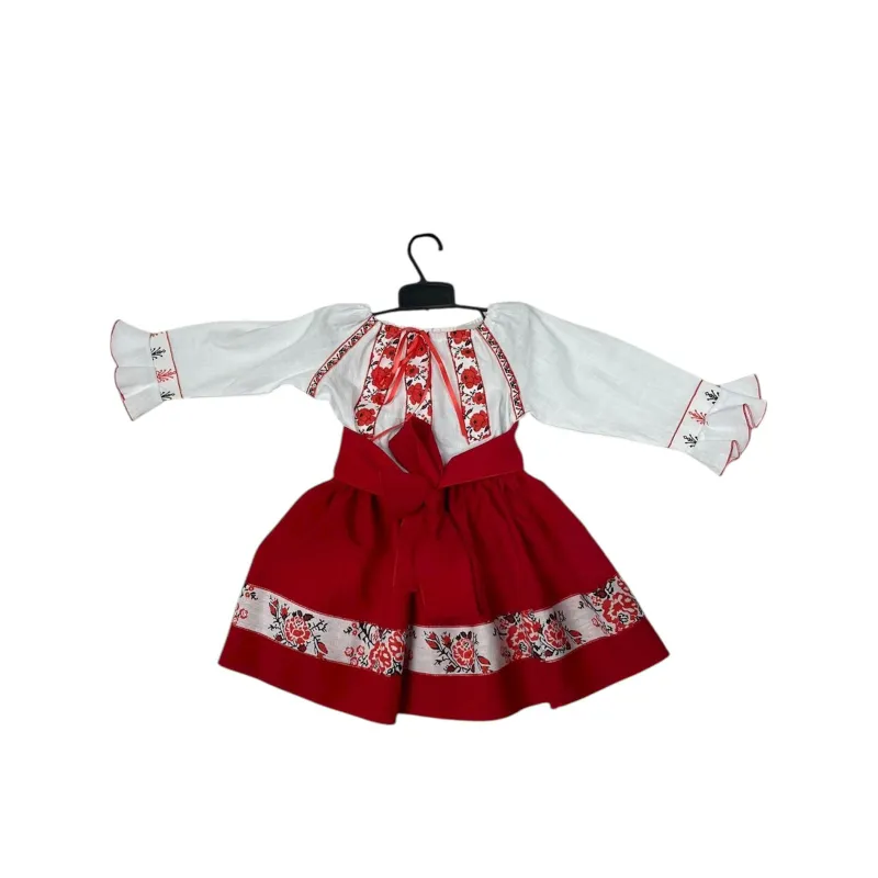 Rochie rosie traditionala cu ie pentru fetite