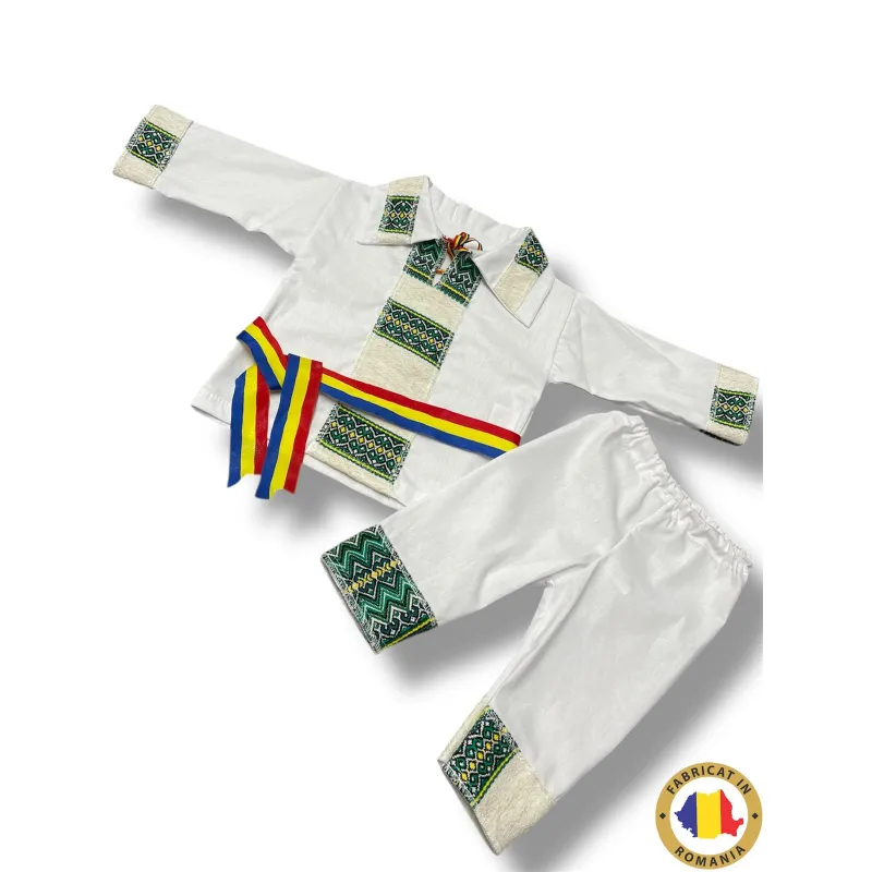 Costum Traditional baieti cu broderie si brau Tricolor - TDPITI20
