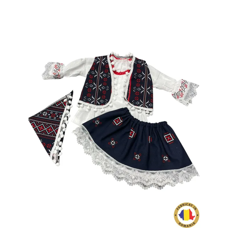 Costum raditional fetite - model alb cu negru