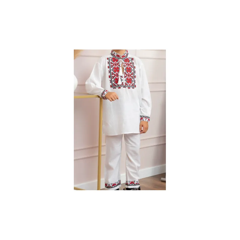 Compleu Traditional Alb pentru Baieti cu Motiv Geometric Rosu - IMS27RF