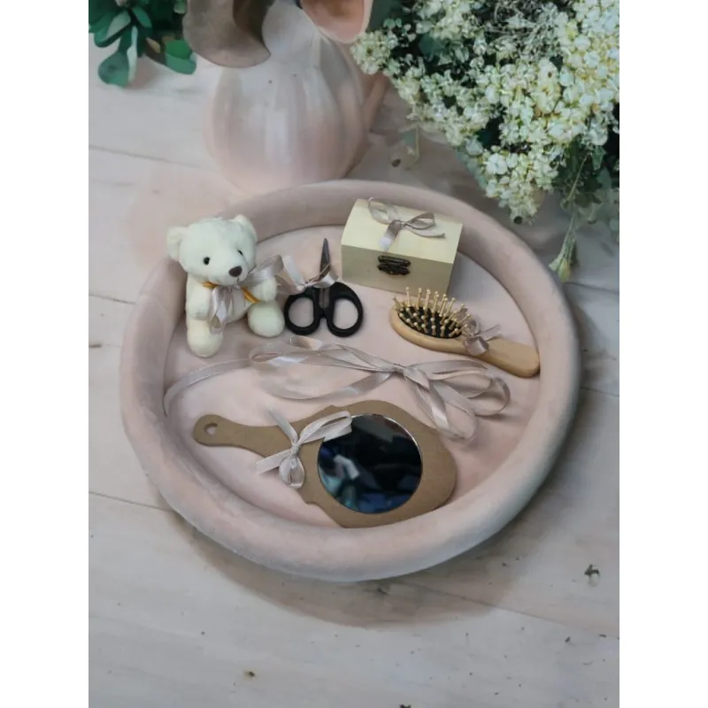 Tavita Mot/Turta, Buretata din Catifea cu 7 Piese - Roz-Nude - TPT504