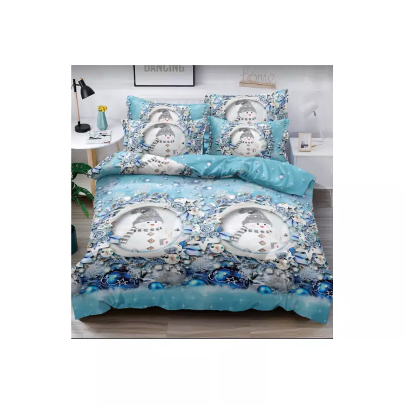 Lenjerie de pat 6 piese, mos craciun, bleu , bumbac 100% finet cr108