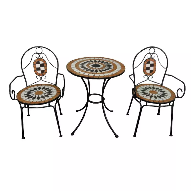 Set masa rotunda, cu 2 scaune, pentru gradina din metal cu mozaic-INV8026358