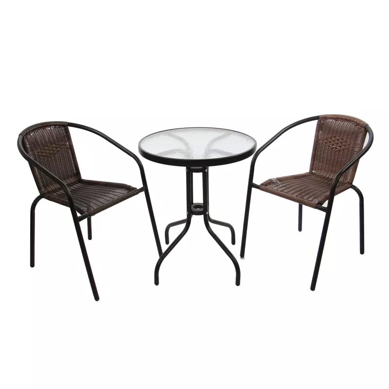 Set masa rotunda, cu 2 scaune, pentru gradina, din metal cu ratan sintetic