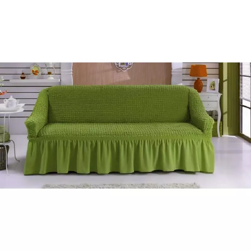 Husa pentru Canapea 3 Locuri, Elastica si Creponata, cu Volane, Verde-HEP21