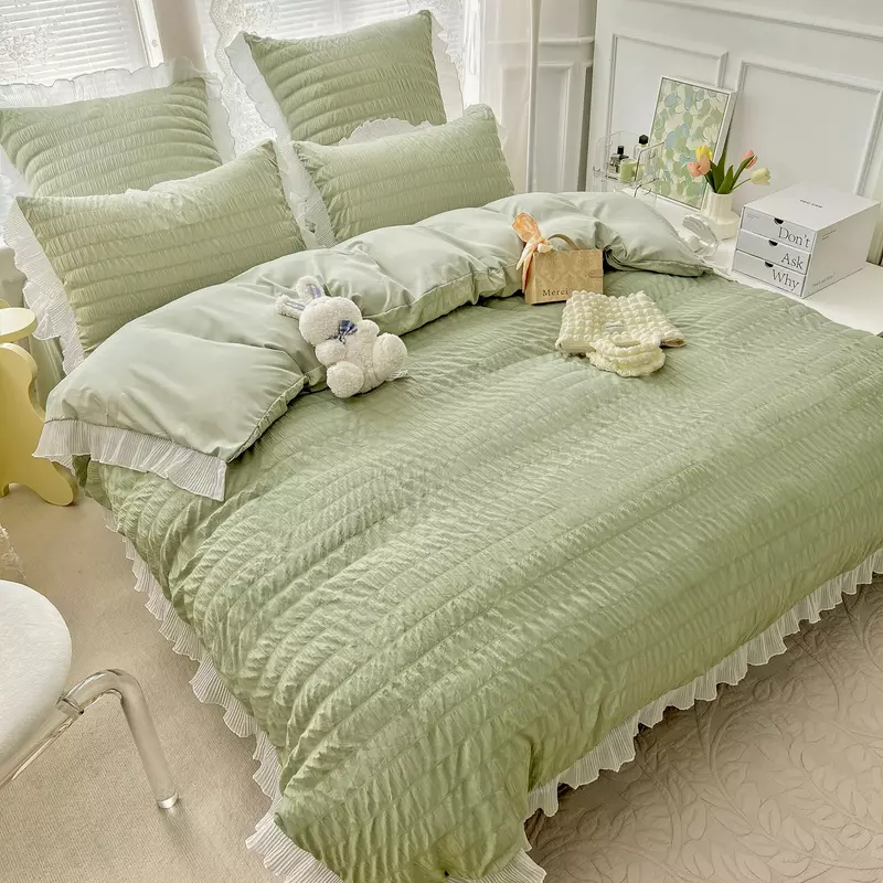 Lenjerie de Pat Dublu, Bumbac Finet-Creponat cu Margine, 6 Piese, Verde- JO311