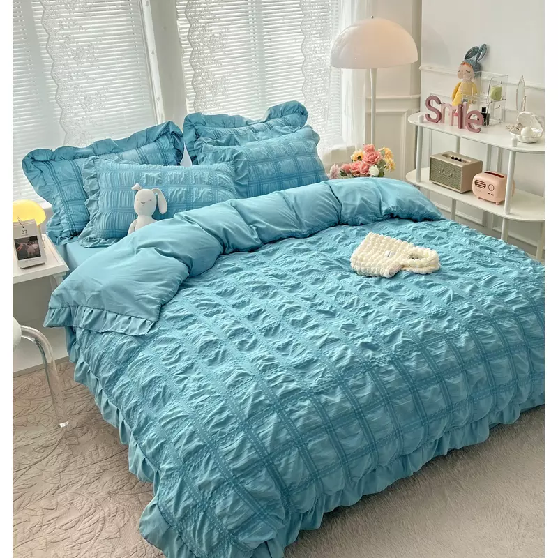 Lenjerie de Pat Dublu, Bumbac Finet-Creponat, 6 Piese, Bleu -JO304