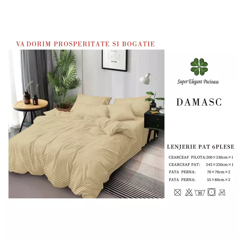 Lenjerii Pat Damasc 10 Lenjerie de pat dublu - 100% Bumbac Damasc 4 Piese - DP32