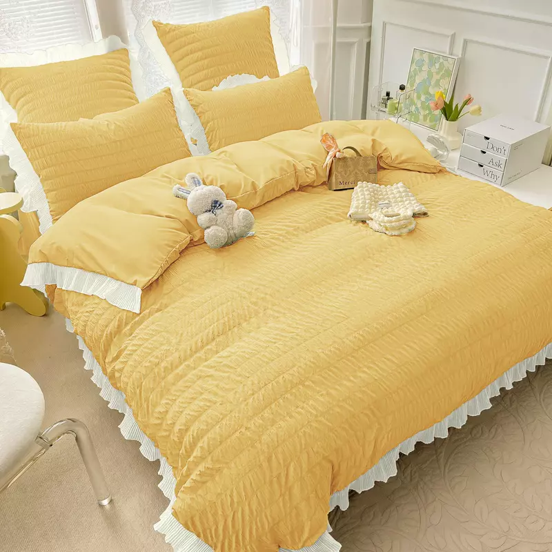 Lenjerie de Pat Dublu, Bumbac Finet-Creponat cu Margine, 6 Piese, Galben- JO309