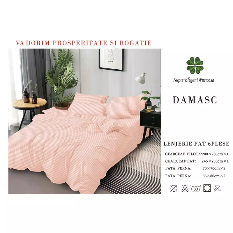 Lenjerii Pat Damasc 14 Lenjerie de pat dublu - 100% Bumbac Damasc 4 Piese - DP38