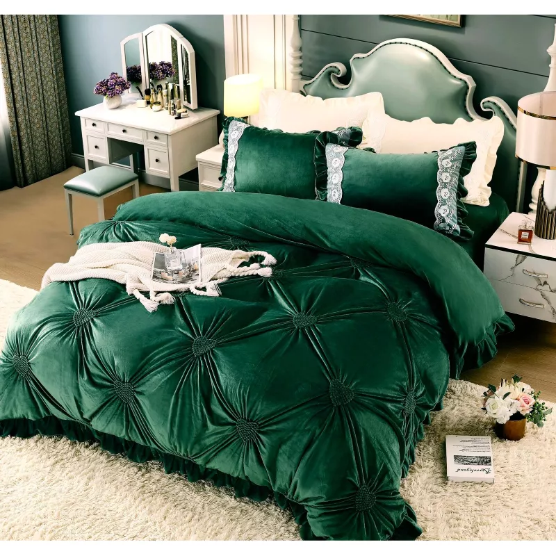 Lenjerie de Pat, din Catifea cu Broderie pentru Pat Dublu, 4 Piese,  Verde - JOJ191