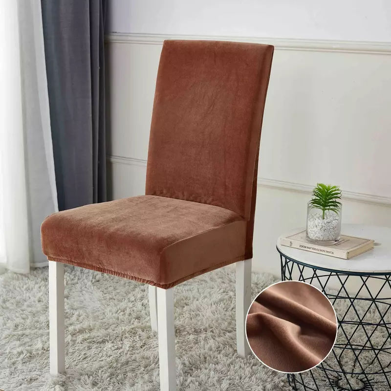Set 6 Huse Elastice pentru Scaun, Catifea,Maro Deschis -JO235
