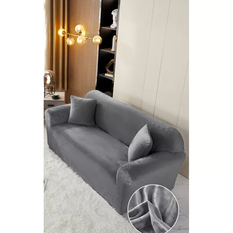 Inovius Husa elastica din catifea pentru canapea 3 locuri + fata de perna, gri inchis- lj318