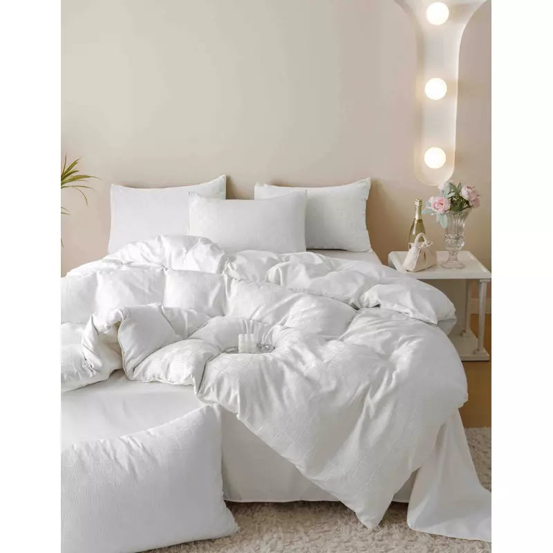 Lenjerie de Pat Finet Jacquard PREMIUM, Pat Dublu, 6 Piese, Alb - JO178