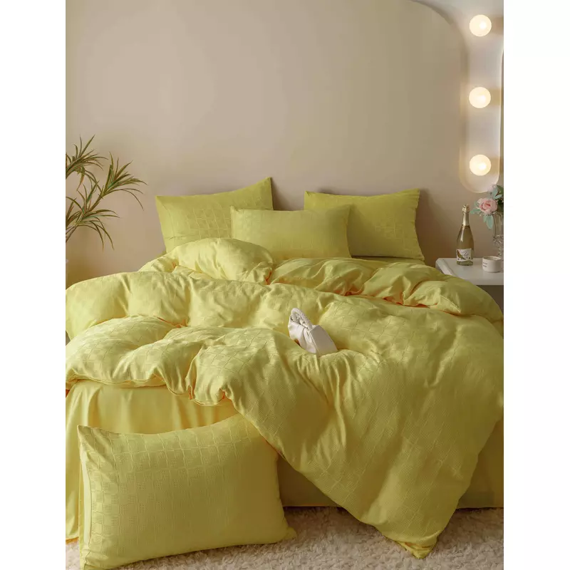 Lenjerie de Pat Finet Jacquard PREMIUM, Pat Dublu, 6 Piese, Galben Deschis -JO184